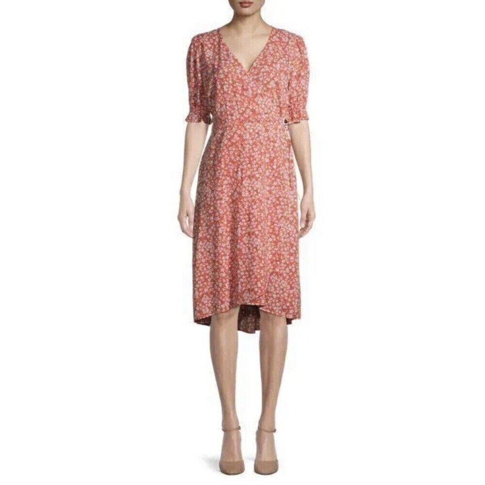 Time And Tru Women’s Woven Wrap Dress, Orange Saffron Floral, XXL (20)